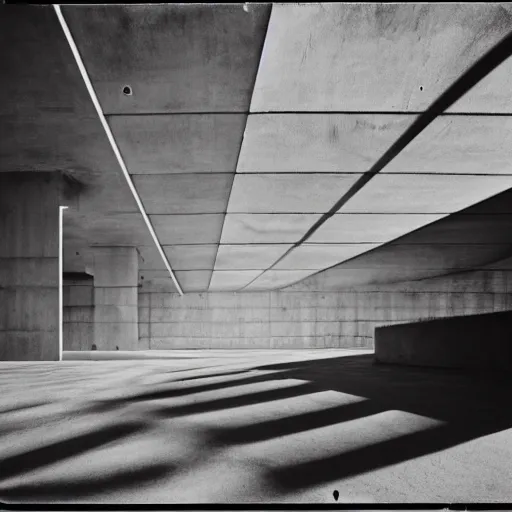 Prompt: interior of a massive concrete structure, surreal, minimalist architecture, polaroid, shadows,