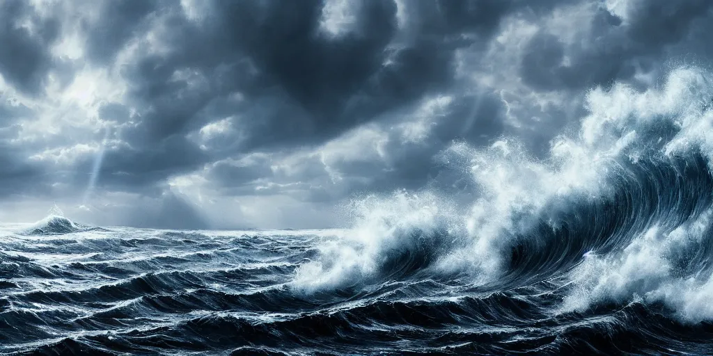 Image similar to detailed large waves. deep sea, layers, very detailed super storm, hyper realistic, impressive, very atmospheric, god ray, cinematic, deep, very high complexity, stunning, masterpiece, weather photography, very detailed. 4 k