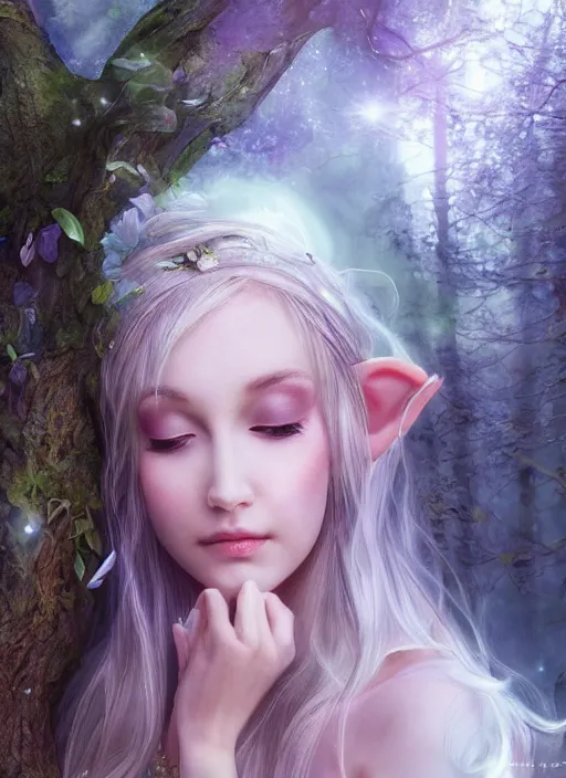 Image similar to beatiful ethereal elf princess in an enchanted forest, 3/4 side view, hair jewellery, fully clothed, light mist, light rays sieving through the trees, shallow depth of field, focus on the face, coherent composition, no watermark, by Yuumei, by Artgerm, by WLOP