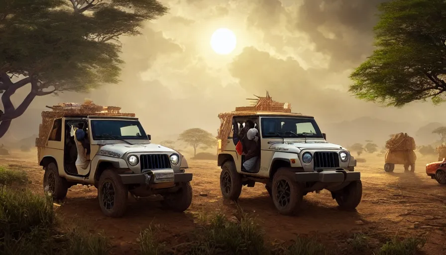 Image similar to mahindra thar driving through madagascar with baobabs trees, tribe members chasing for an attach, action scene, an epic fantasy, artgerm and greg rutkowski and alphonse mucha, an epic fantasy, volumetric light, detailed, establishing shot, an epic fantasy, cinematic, photorealistic, ultrarealistic, trending on art station, octane render, midsommar