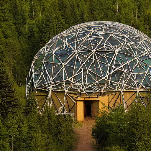 Image similar to brutalist concrete spomenik geodesic structure, in the mountains, taiga, by Henri Matisse