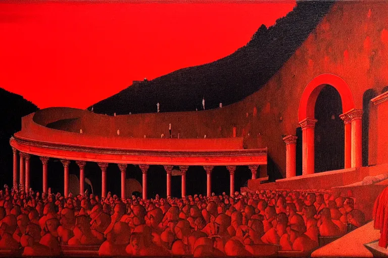 Image similar to only with red, a red great emperor, taormina amphitheatre, crowd with big smile, in the style of beksinski, parts by edward hopper, parts by rodcenko, parts by yue minjun, intricate and epic composition, red by caravaggio, insanely quality, highly detailed, masterpiece, red light, artstation, 4 k