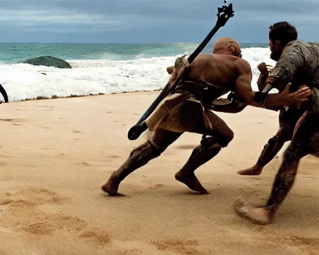 Prompt: spartan sprinting on australian beach, epic award winning action cinematic still from the movie 3 0 0, noon lighting, unarmed