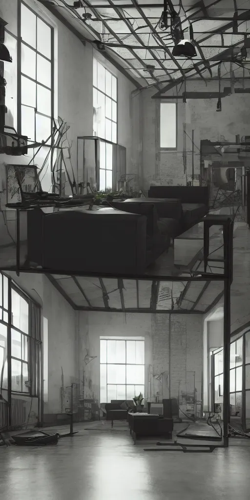 Prompt: « warehouse interior design, furnitures, black, latex, reflections, pain, alone, sadness, suffering, octane render»