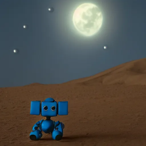 Prompt: the blue godot robot ponders looking up at the moon, vray