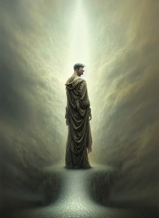 Image similar to an angel standing in front of man in rain, fine art, intricate, elegant, highly detailed, realistic hair, centered, digital painting, art station, conceptual art, soft, sharp focus, illustration, artwork, artgerm, tomasz alen kopera, peter mohrbacher, donato giancola, wlop, boris vallejo