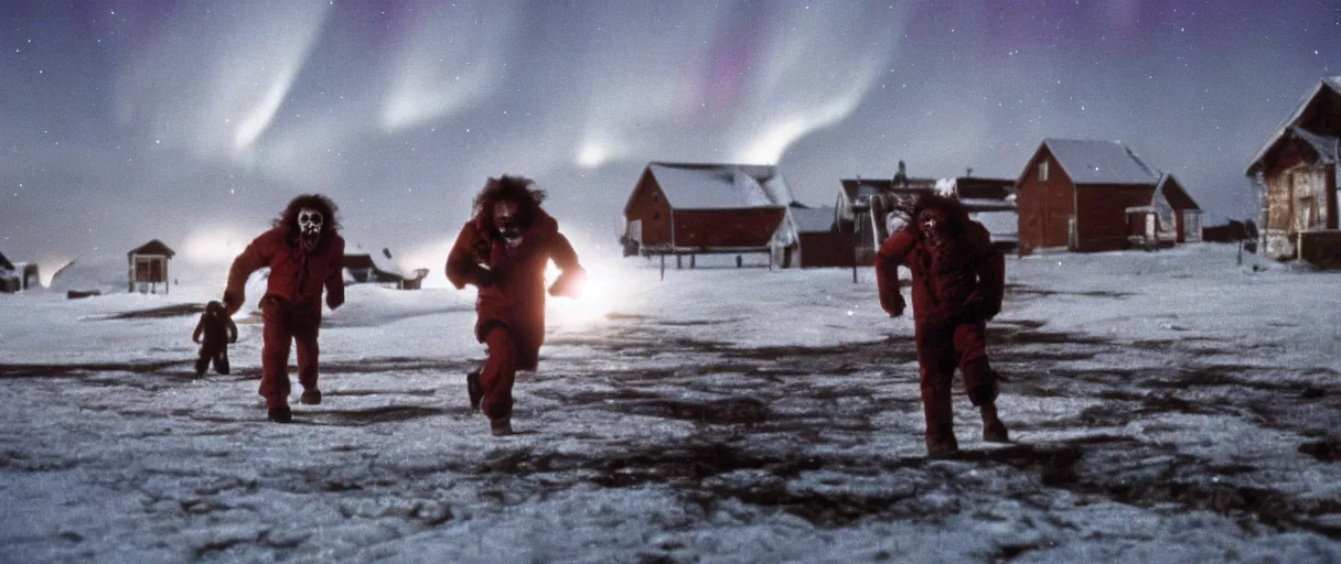 Image similar to filmic extreme wide shot movie still 4 k uhd exterior shot 3 5 mm film color photograph of a people running in terror around a village in the antarctic at night with the northern lights lighting up the sky and the buildings, in the style of the horror film the thing 1 9 8 2