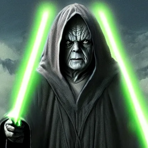 Prompt: darth sidious in a hooded black robe with blue lightning coming from fingertips. he has the face of yoda.