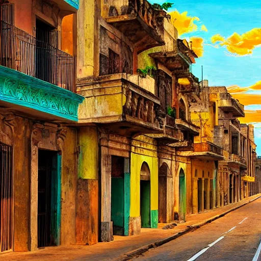 Image similar to brutalism painting of streets of Havana, Cuba, beautiful, diverse, golden hour