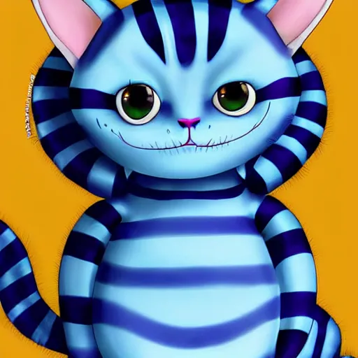 Image similar to cute blue striped cheshire cat. an adorable cat with light blue stripes, blue eyes and a mischievous smile. stunning digital art by eva balloon. fluffy, soft