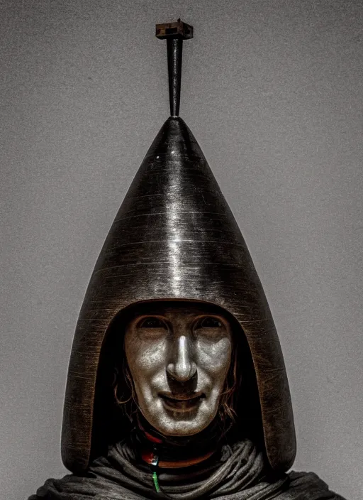 Image similar to realistic photo portrait of a a sculpture of medieval scientist ritual monk cone hat helmet made of wood, with plastic details detailed, electricity laser beam aura, sci - fi, greyscale 1 9 9 0, life magazine photo, natural colors,