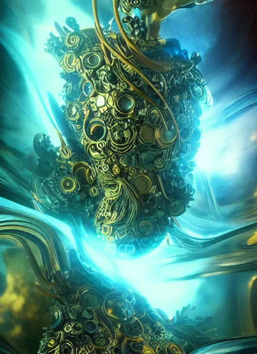 Image similar to flowers within the whole infinite capsule apparent with awe the apparition, an idea seep's into infinity highly detailed in volumetric latent space, golden turquoise steampunk, high contrast cinematic light, mystical shadows, sharp focus, divine realm of gods, octane render, artist by boris vallejo,