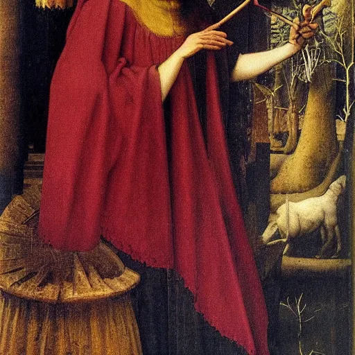 Image similar to portrait of beautiful witch circe in the odyssey, art by jan van eyck
