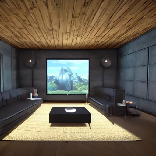 Image similar to Sci fi engine room living room, cybernetic wallpaper, thunderstrike walls, unreal engine 5 tech demo, zillow interior, cool tint, metallic reflective, octane render, Frank Lloyd Wright ((Studio Ghibli))
