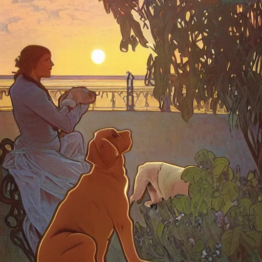 Prompt: a beautiful painting of a man watching the sunset with his dog in the style of alphonse mucha, photorealistic