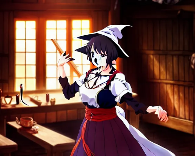 Image similar to key anime visual portrait of a young female witch in a tavern interior defending a companion, dynamic pose, dynamic perspective, cinematic, dramatic lighting.