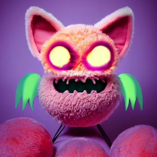 Image similar to an alien with a face that looks like a fuzzy peach the peach is fuzzy pink warm and ripe the alien has horns and a mean smile, 4k, highly detailed, high quality, amazing, high particle effects, glowing, majestic, soft lighting