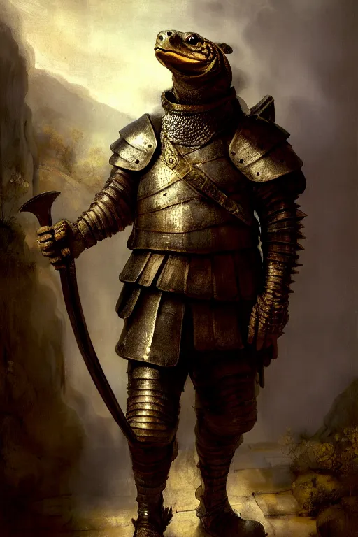 Prompt: a bipedal tortoise that is wearing full iron plate armor, and holding a two - handed sword, as a matte oil painting and d & d art, by rembrandt, standing, fullbody, blue fog, sharp focus, award - winning, extremely detailed, 4 k,