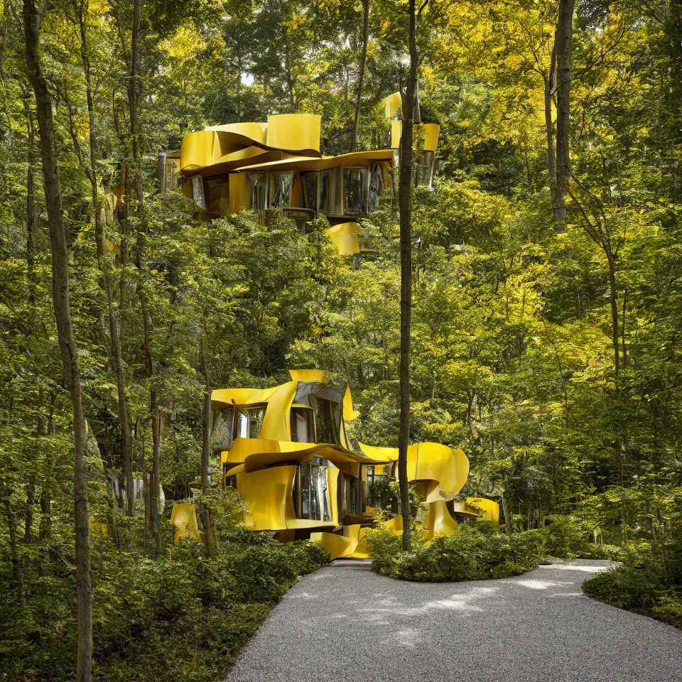 Image similar to a house in a light forest clearing, designed by Frank Gehry. Tiles. Gravel pathway with parking. Film grain, cinematic, yellow hue