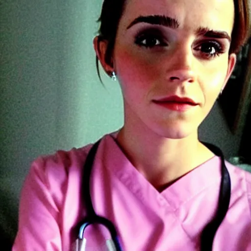 Image similar to photo, close up, emma watson in nurse scrubs, dim light, low light, fog, head and shoulders, android cameraphone, snapchat story screenshot, 2 6 mm,