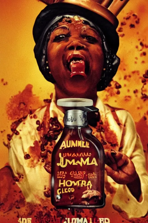 Image similar to aunt jemima covered in maple syrup horror movie cinematic