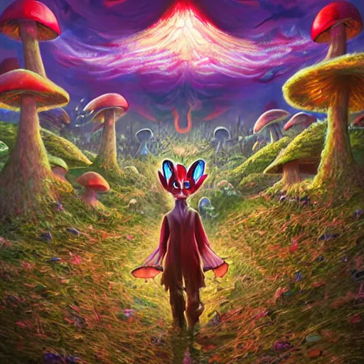 Image similar to 4 k headshot portrait of a psychedelic demonic anthropomorphic bunny rabbit with mushroom themed clothes, magic mushroom village in background by jeff easley, award winning, stylized neon, post - processing, masterpiece, superb resolution. in the art style of junji ito and greg rutkowski. detailed mushroom city in background. hyper realistic anime. perfect art. dalle 2