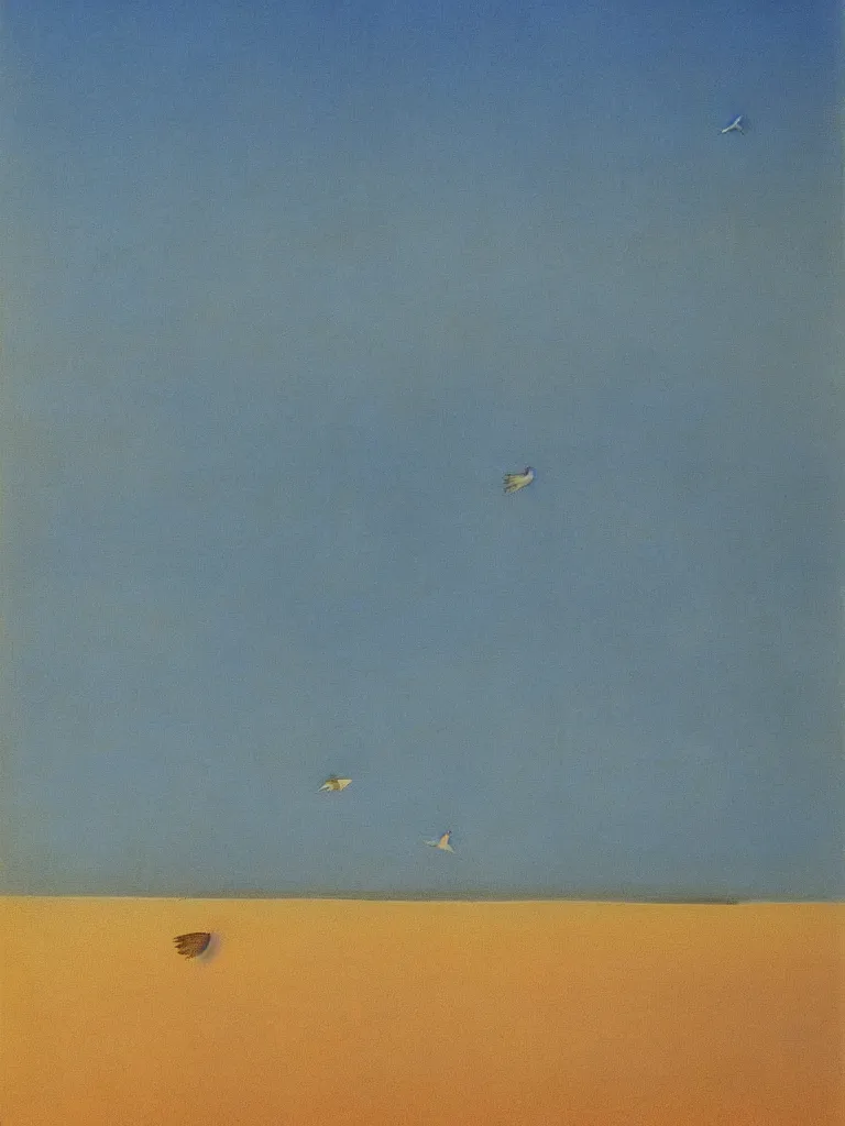 Prompt: a neo retro poster of bassin d'arcachon lac, with a sand dune in the background (((with 3 birds in the sky))), australian tonalism, pale gradients design, matte drawing, clean and simple design, outrun color palette. painted by Morandi, Agnes Pelton