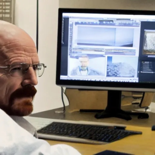 Prompt: walter white in real life rendering himself on a computer with blender software