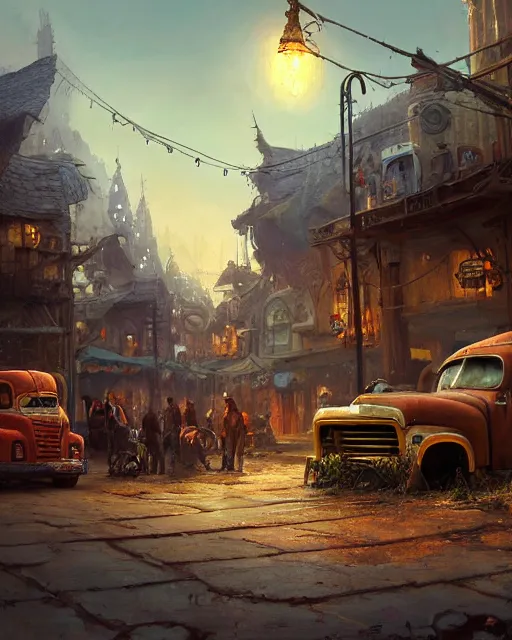 Image similar to old truck fallen apart in a street of a robust fantasy village, people gathered to watch, calming, uplifting mood, ultra realistic, factory, funny, small buildings, highly detailed, epic lighting, illuminated, cinematic, morning, art by eddie mendoza