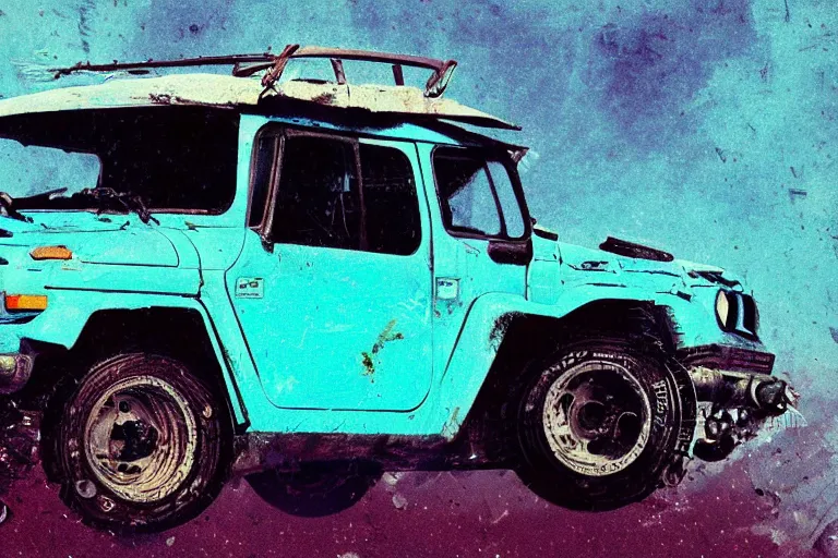 Image similar to digital illustration of a futuristic faded cyan mad max's fj 4 0 decrepit!!!! pursuit special, rusty!!! cyberpunk nissan fj cruiser heavily modded 1 9 9 0 s, the last v 8 interceptor by makoto shinkai, ilya kuvshinov, lois van baarle, rossdraws, basquiat