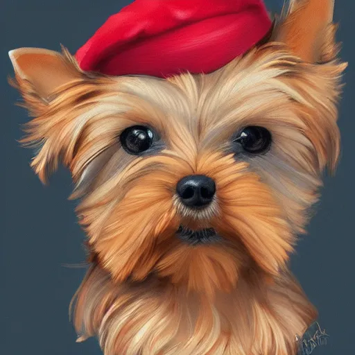 Prompt: A cute yorkshire terrier artist, wearing a french beret, 30mm, by Noah Bradley trending on ArtStation, deviantart, high detail, stylized portrait