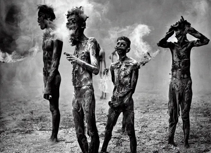 Prompt: 3 5 mm still from film by roger ballen, surreal dance scene of ritual in a picturesque outdoors setting, ashes, new guinea mud man, smoke, close - up of the actors faces, sharp, medium format 6 x 6, 1 6 k
