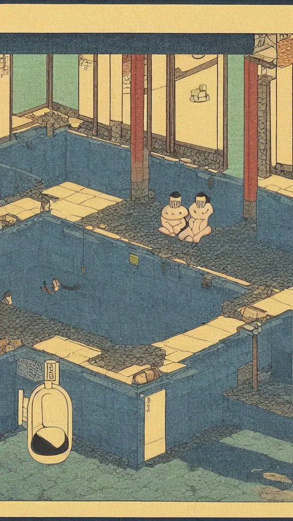 Prompt: a beautiful ancient bathhouse with a bathing alien creature at midnight by hasui kawase