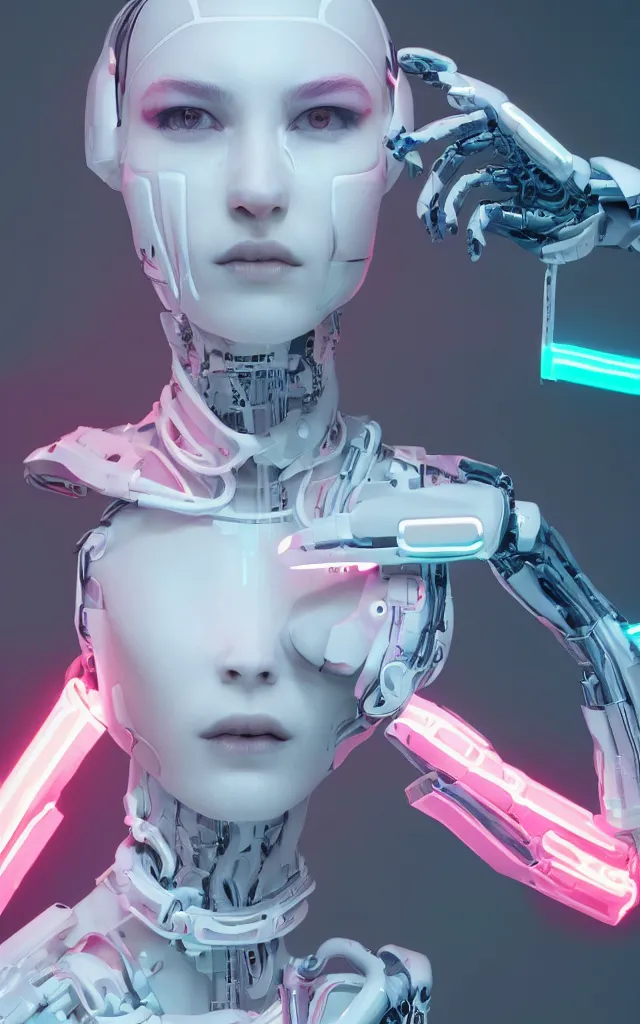 Image similar to white one cast futuristic biomechanics futuristic humanoid, beautiful face, female, futuristic, neon lights, cyberpunk, 8 k, digital painting, by beeple and makoto shinkai, trending on cg society, glamour pose, fashion photography, high fashion, canon r 3, photorealistic, hyper realistic, full body, wide angle shot