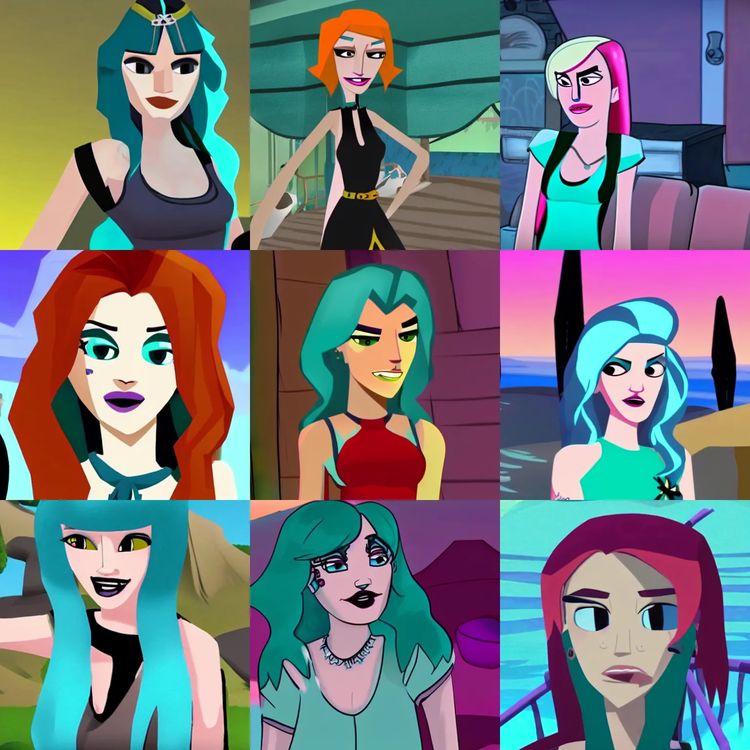 Prompt: still of bella thorne as gwen in total drama island, teal hair, goth aesthetic, photorealistic, cinematic lighting