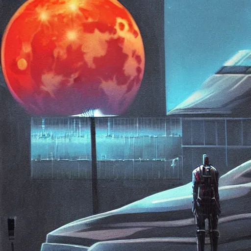 Image similar to surreal, nuclear blast and a full red moon eclipse, cyberpunk, art by jeff lyons, bryen frost