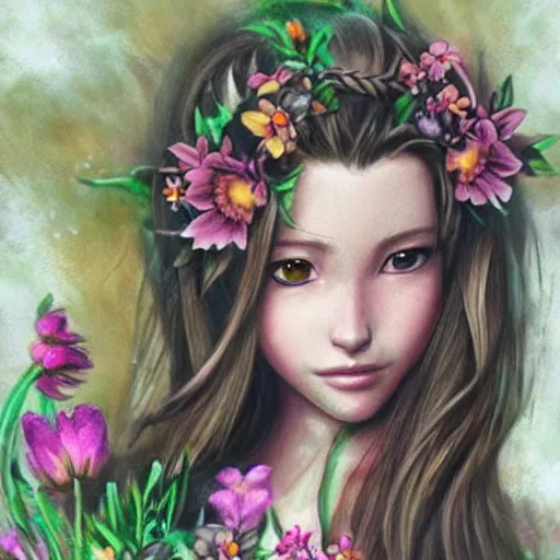 Image similar to concept art of aerith gainsborough with tattoos, amongst flowers, high quality, detailed, trending on artstartion