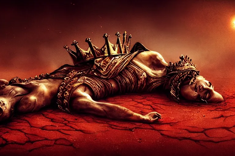 Image similar to the king in the desert dead on the ground, killed, red blood on gold sand, dark tragic scene, detailed scene, killed in war, fallen Crown, highly detailed, blood and dust, cinematic lighting, dramatic lighting, trending on artstation, elegant, intricate, tragedy, fantasy, D&D, highly detailed, digital painting, concept art