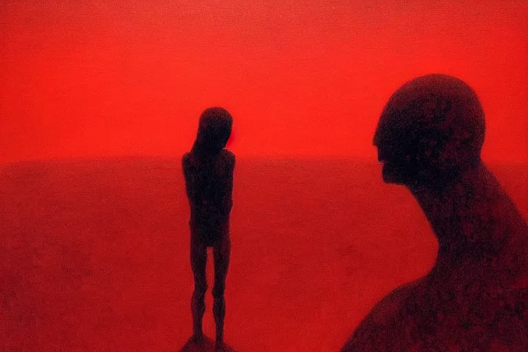 Image similar to only with red, a red shinigami eat apple, mars in background, an ancient path, in the style of beksinski, part by hopper, part by rodcenko, part by hofbauer, intricate composition, red by caravaggio, insanely quality, highly detailed, masterpiece, red light, artstation