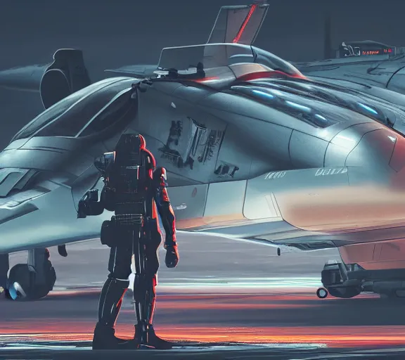 Image similar to fighter pilot stands beside futuristic sci fi fighter jet landed at runway of cyberpunk city ,dark cinematic lighting , digital concept art