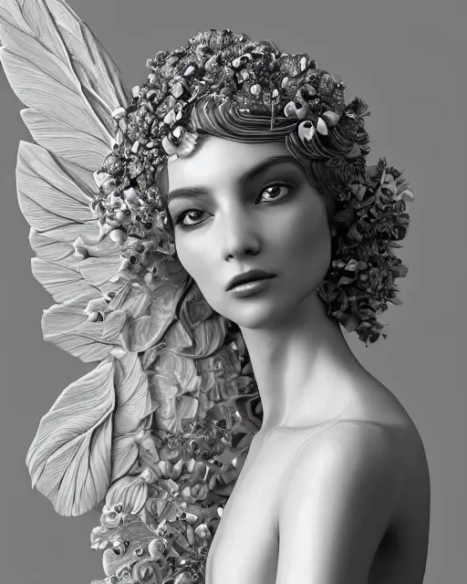 Image similar to mythical dreamy black and white profile face portrait of translucent beautiful female angelic - human - queen - vegetal - cyborg, highly detailed, intricate crystal ivy jelly ornate, poetic, translucent roses ornate, 3 d render, digital art, octane render, 8 k artistic photography, photo - realistic, by dora maar