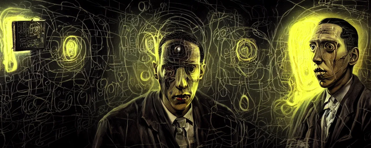 Image similar to dark scifi illustration 3 / 4 portrait of hp lovecraft reading necronomicon. cinematic lighting mad scientist style. golden ratio accidental renaissance. in the style of jean michel basquiat. graffiti art, scifi, fantasy, hyper detailed. octane render. concept art. trending on artstation