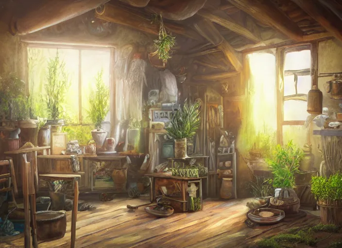 Prompt: rustic oil painting, interior view of a cluttered herbalist cottage, waxy candles, wood furnishings, herbs hanging, light bloom, dust, ambient occlusion, rays of light coming through windows, dim lighting, brush strokes oil painting