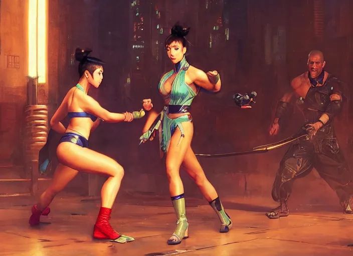 Prompt: chun li confronts thugs ( blade runner 2 0 4 9, cyberpunk 2 0 7 7 character design ). orientalist portrait by john william waterhouse and james gurney and theodore ralli and nasreddine dinet, oil on canvas. cinematic, hyper realism, realistic proportions, dramatic lighting, high detail 4 k