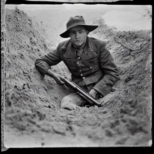 Prompt: A photo of a man in a muddy trench with a Colt revolver. Black and white, grainy, WW2 photo.