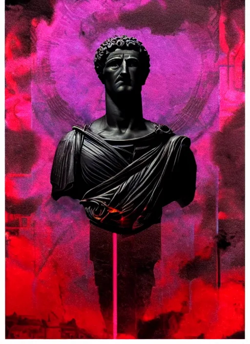 Image similar to black background with very subtle red and purple design elements, statue of julius caesar, nekro, graphic design, collage art, thin lines, dark, glitch art, neo vaporwave, gritty, layout frame, square, trending on artstation