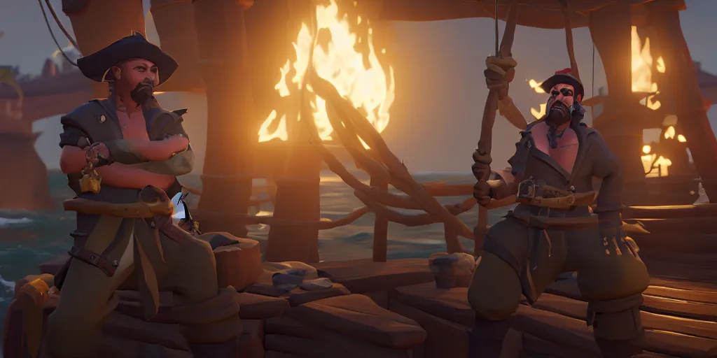 Image similar to a merchant character from sea of thieves, grand maritime union in sea of thieves, sea of thieves screenshot, unreal engine, digital art, storm