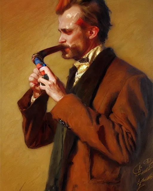 Image similar to handsome gaunt man with receding hair, in a smoking jacket, holding a pipe, warm colors, hard angles, painting by gaston bussiere, craig mullins, j. c. leyendecker