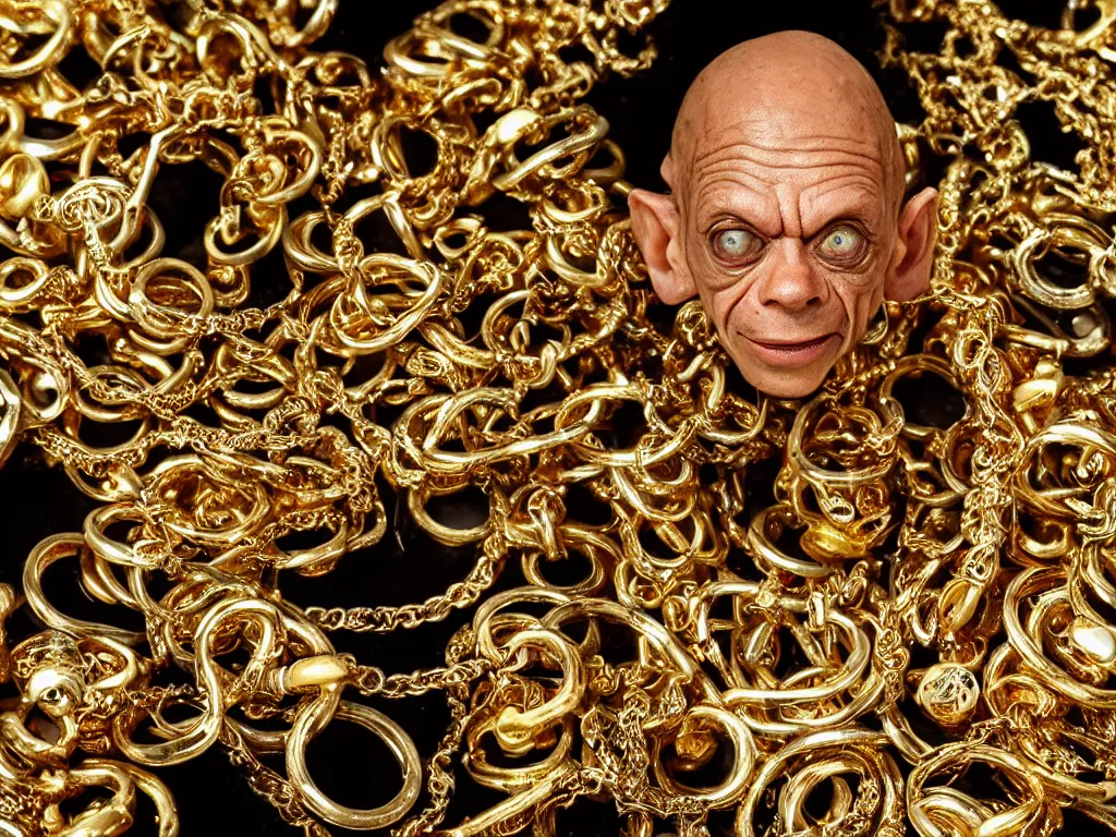 Image similar to gollum wearing lots of gold rings, gold chains, and gold earrings in front of a pile of gold in a dungeon, bling, hip hop style, tattoos, imax, foggy atmosphere, bokeh