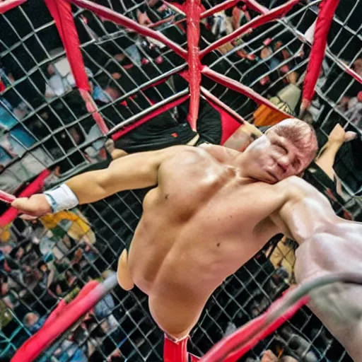 Prompt: A wrestler dropping an elbow from the top of the cage